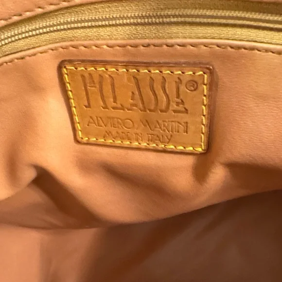 Alviero Martini Tan Map Print Shoulder Bag with Zipper Closure